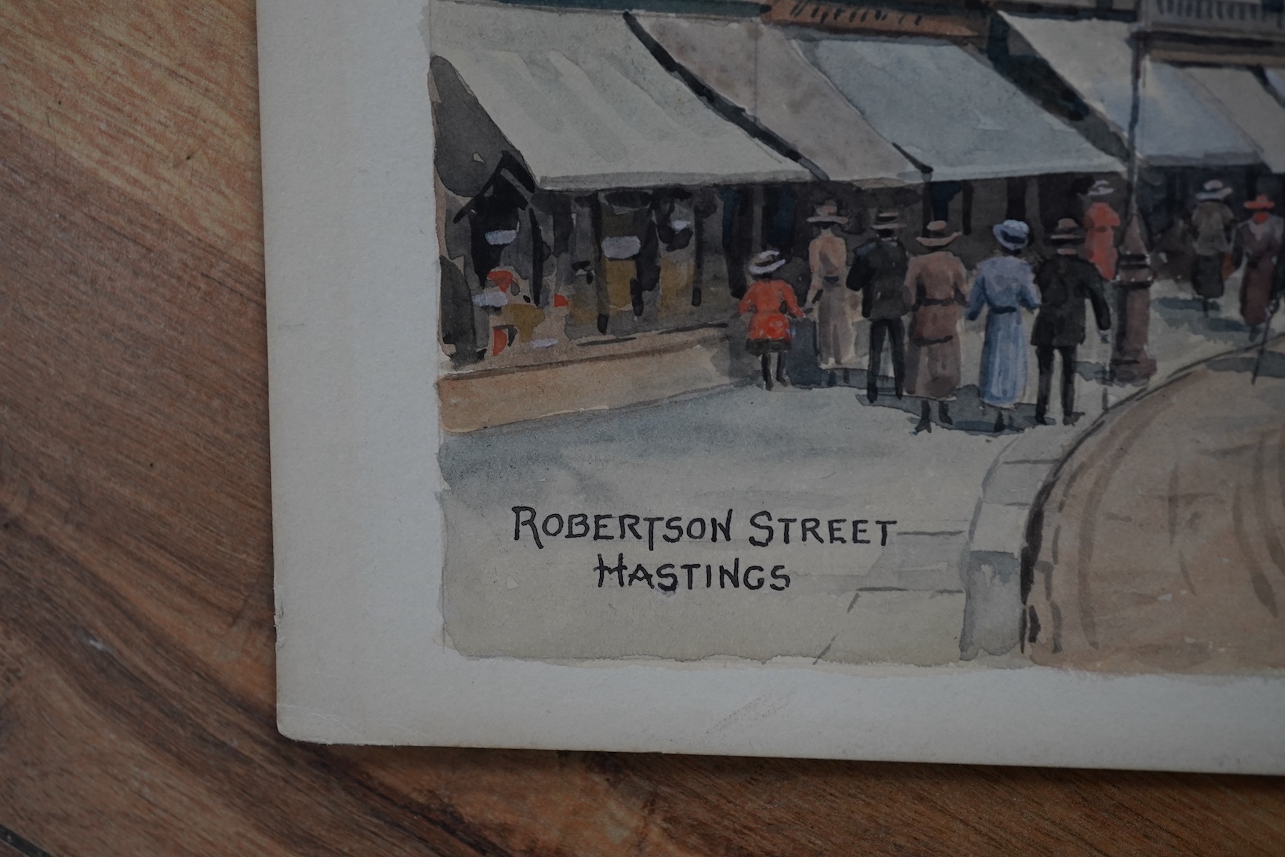 Alfred Robert Quinton (1853-1934), set of four original watercolours for postcard designs, Sussex coastal views comprising: Royal Parade bandstand, Eastbourne, Grand Parade, Eastbourne, Hastings from the castle and Rober